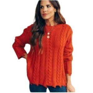 Honey Punch | Burnt Orange Distressed Cable Knit Sweater Size Small
